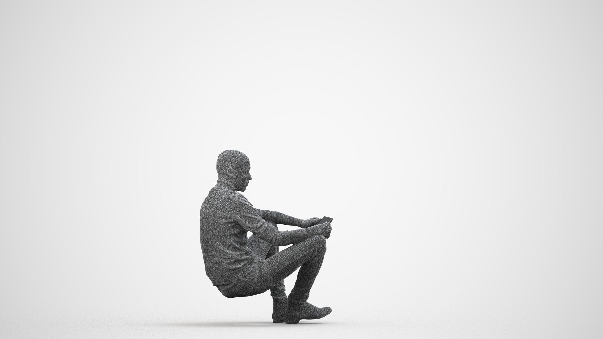 3D scanned man sitting casual, photorealistic archviz people for Enscape and SketchUp, wireframe side view