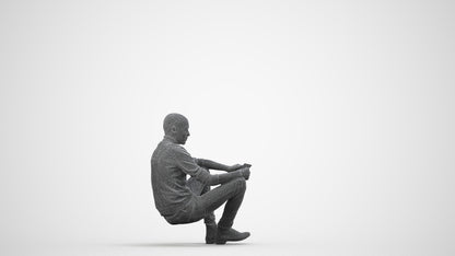 3D scanned man sitting casual, photorealistic archviz people for Enscape and SketchUp, wireframe side view