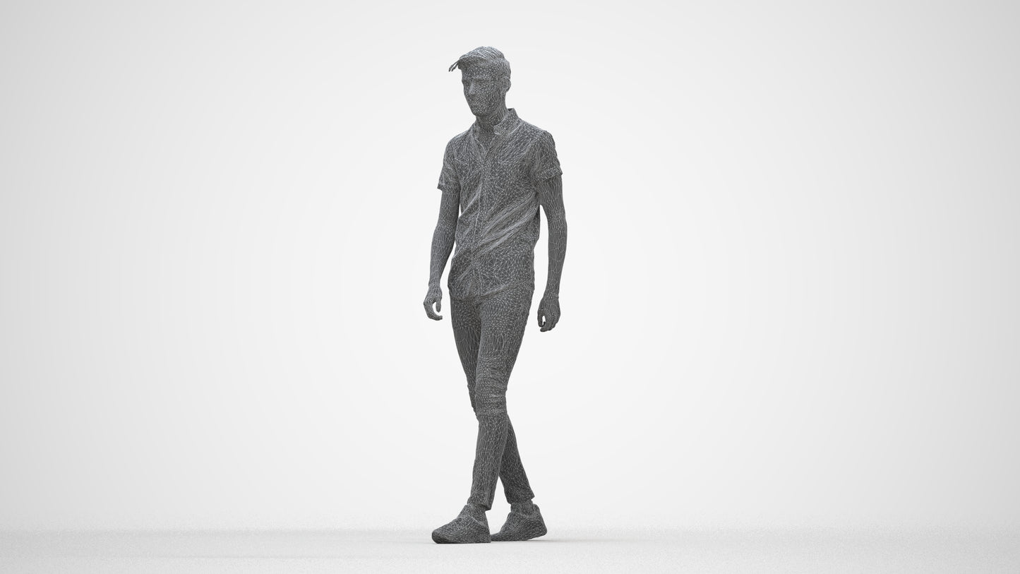 realistic 3D man casual walking, scanned archviz people for Blender and 3ds Max, wireframe back view