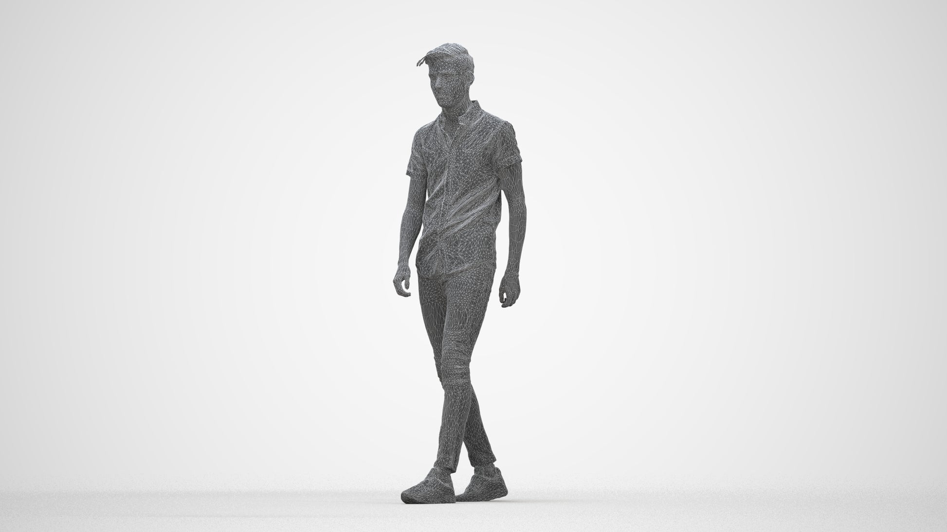 realistic 3D man casual walking, scanned archviz people for Blender and 3ds Max, wireframe back view