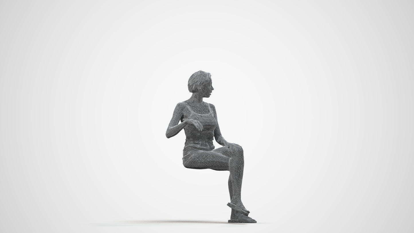 3D human model woman casual sitting, photogrammetry scanned person for archviz, wireframe side view