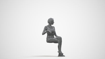 3D human model woman casual sitting, photogrammetry scanned person for archviz, wireframe side view