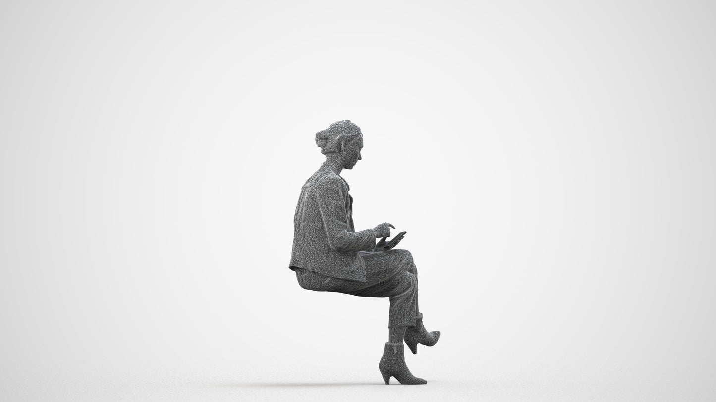realistic 3D human woman business sitting, archviz people FBX OBJ for Blender, wireframe side view