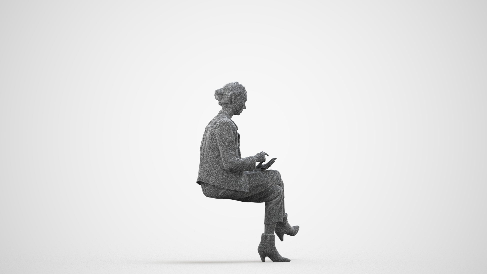 realistic 3D human woman business sitting, archviz people FBX OBJ for Blender, wireframe side view