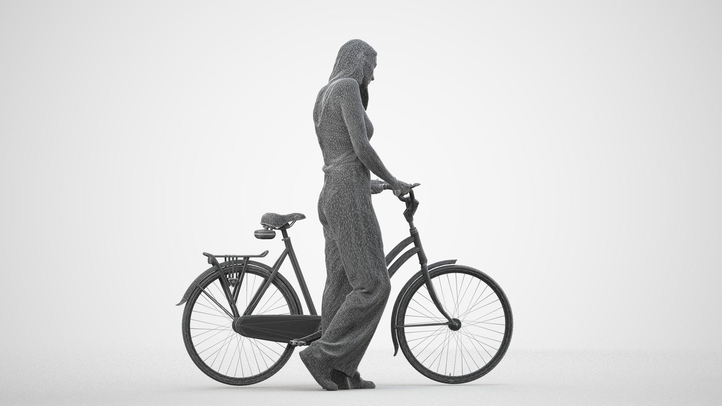 realistic 3D people woman casual cycling, render-ready for V-Ray and Corona, FBX OBJ, wireframe side view