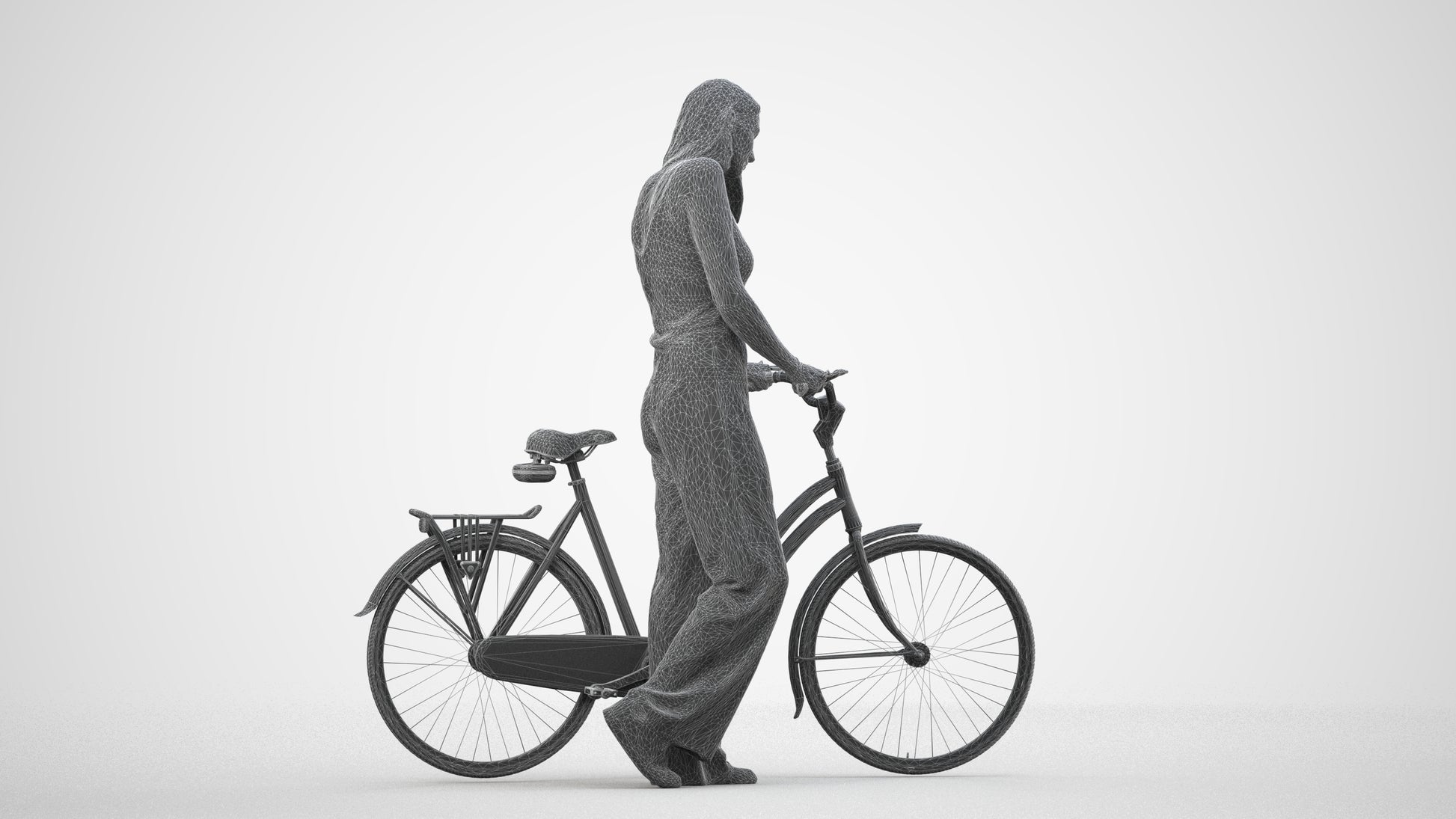realistic 3D people woman casual cycling, render-ready for V-Ray and Corona, FBX OBJ, wireframe side view