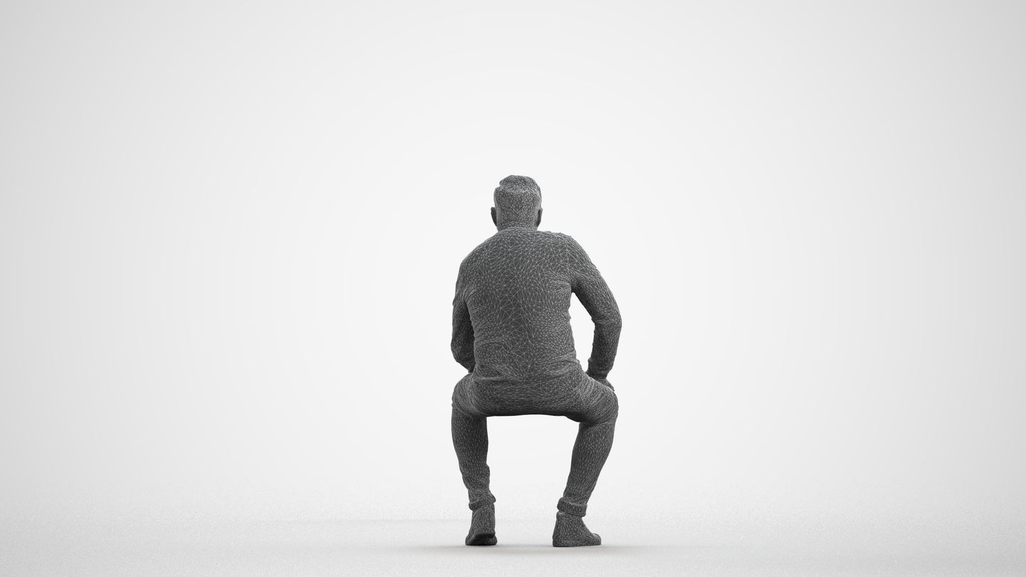 realistic 3D man casual sitting, scanned archviz people for Blender and 3ds Max, wireframe front view