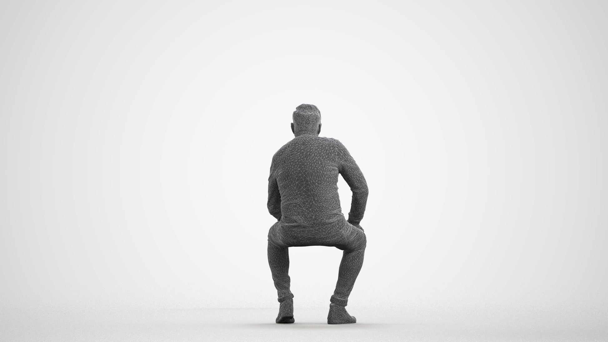 realistic 3D man casual sitting, scanned archviz people for Blender and 3ds Max, wireframe front view