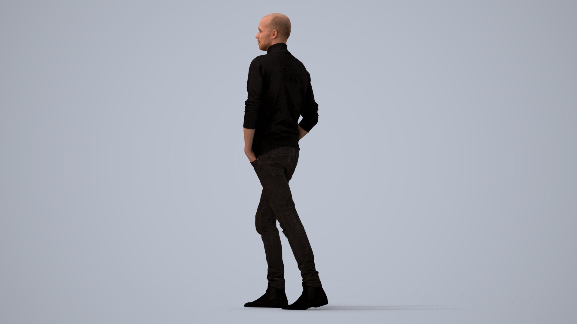 photogrammetry 3D man casual walking, realistic human model archviz FBX, three-quarter view render
