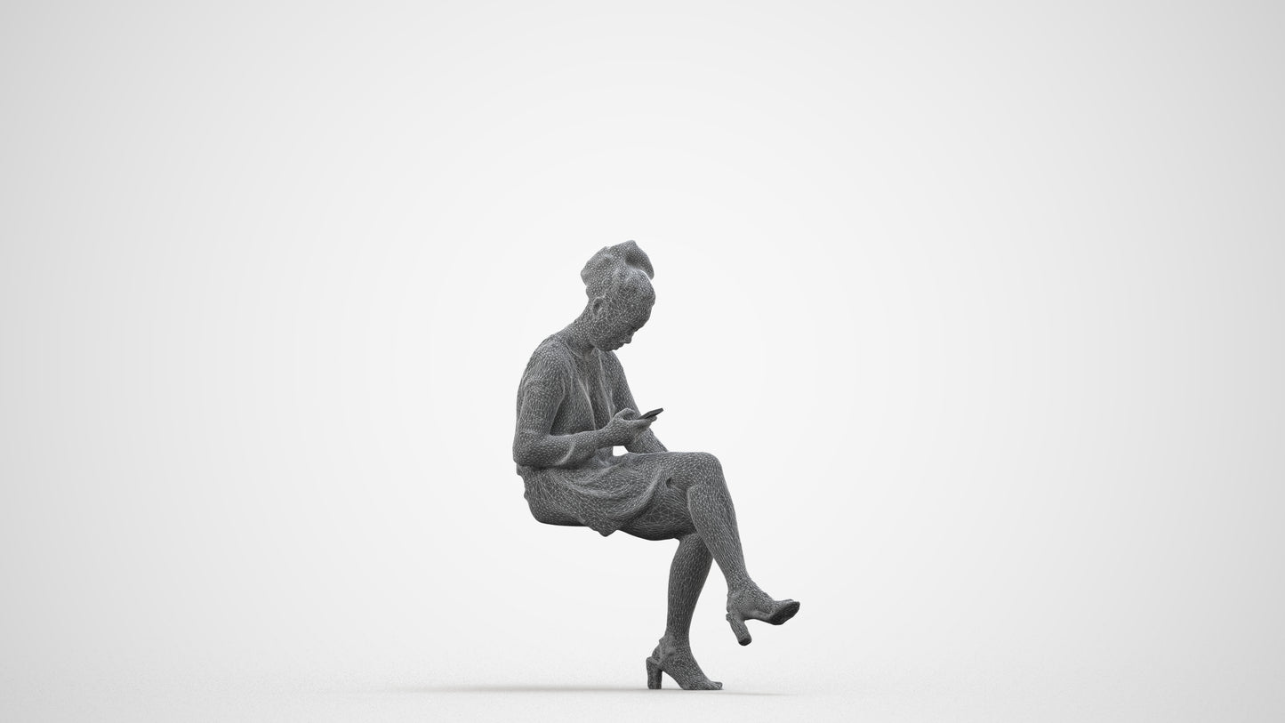 3D scanned woman sitting casual, photorealistic archviz people for Enscape and SketchUp, wireframe side view