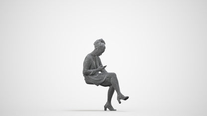 3D scanned woman sitting casual, photorealistic archviz people for Enscape and SketchUp, wireframe side view
