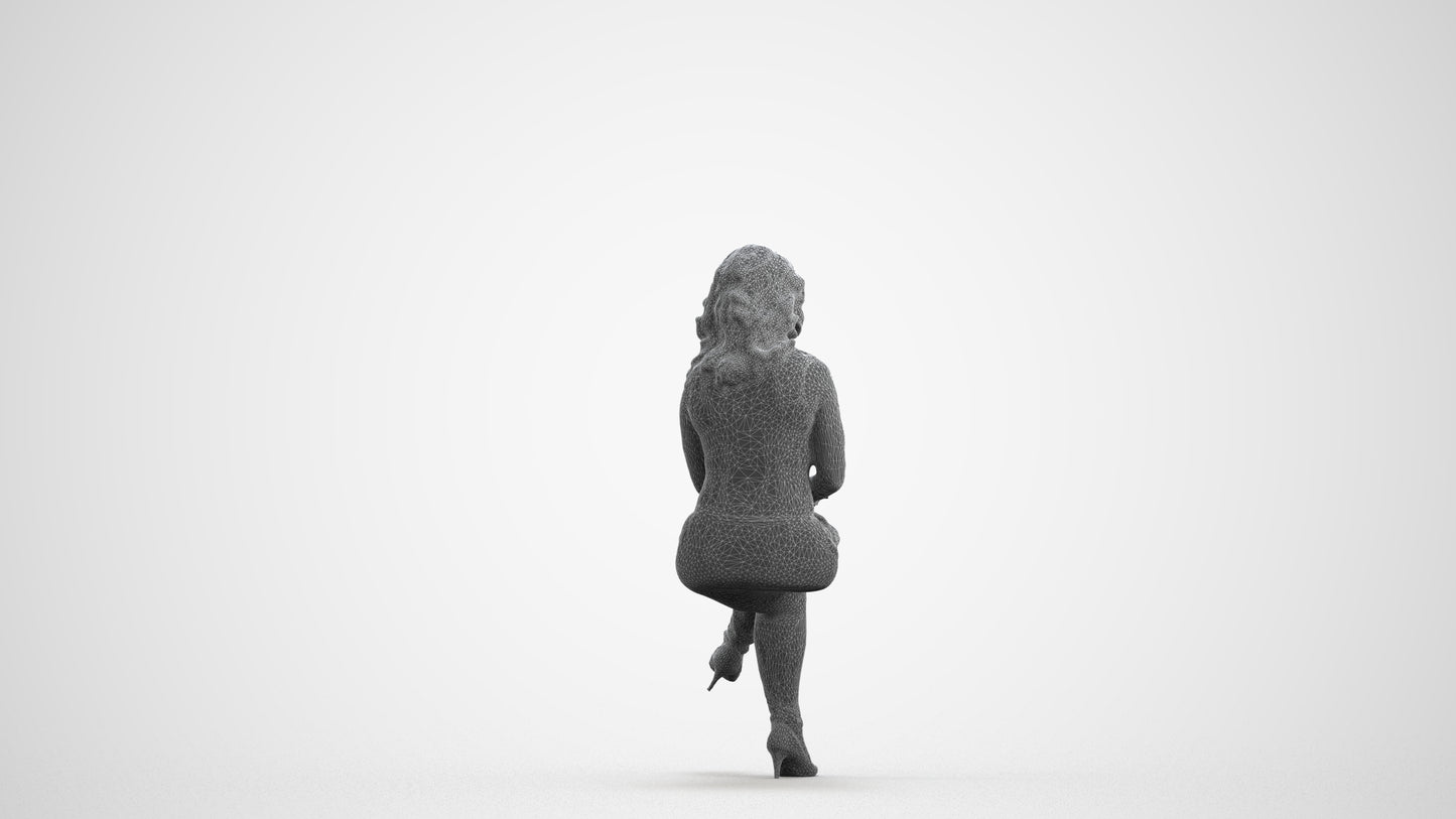 realistic 3D woman casual sitting, scanned archviz people for Blender and 3ds Max, wireframe front view