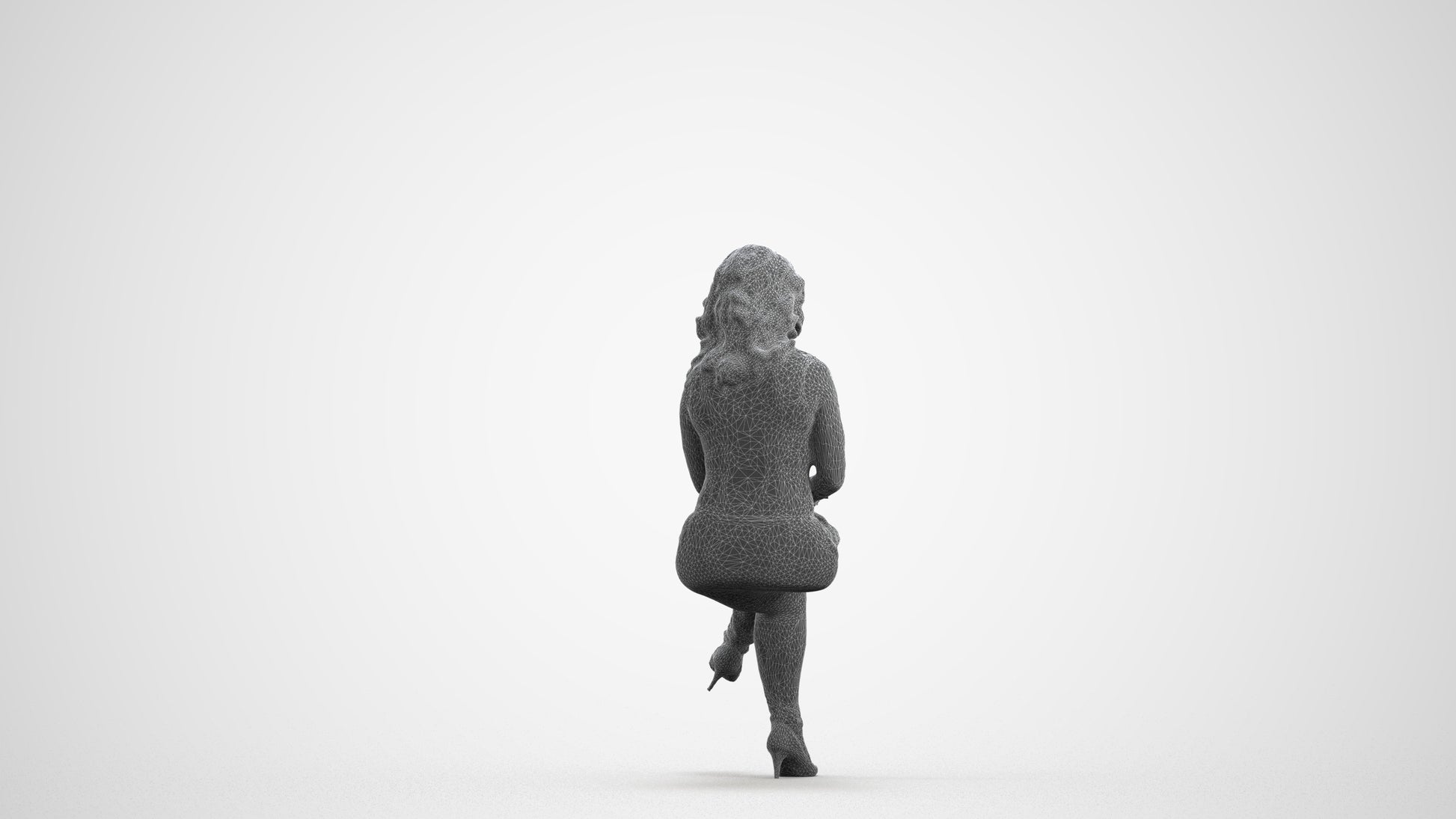 realistic 3D woman casual sitting, scanned archviz people for Blender and 3ds Max, wireframe front view