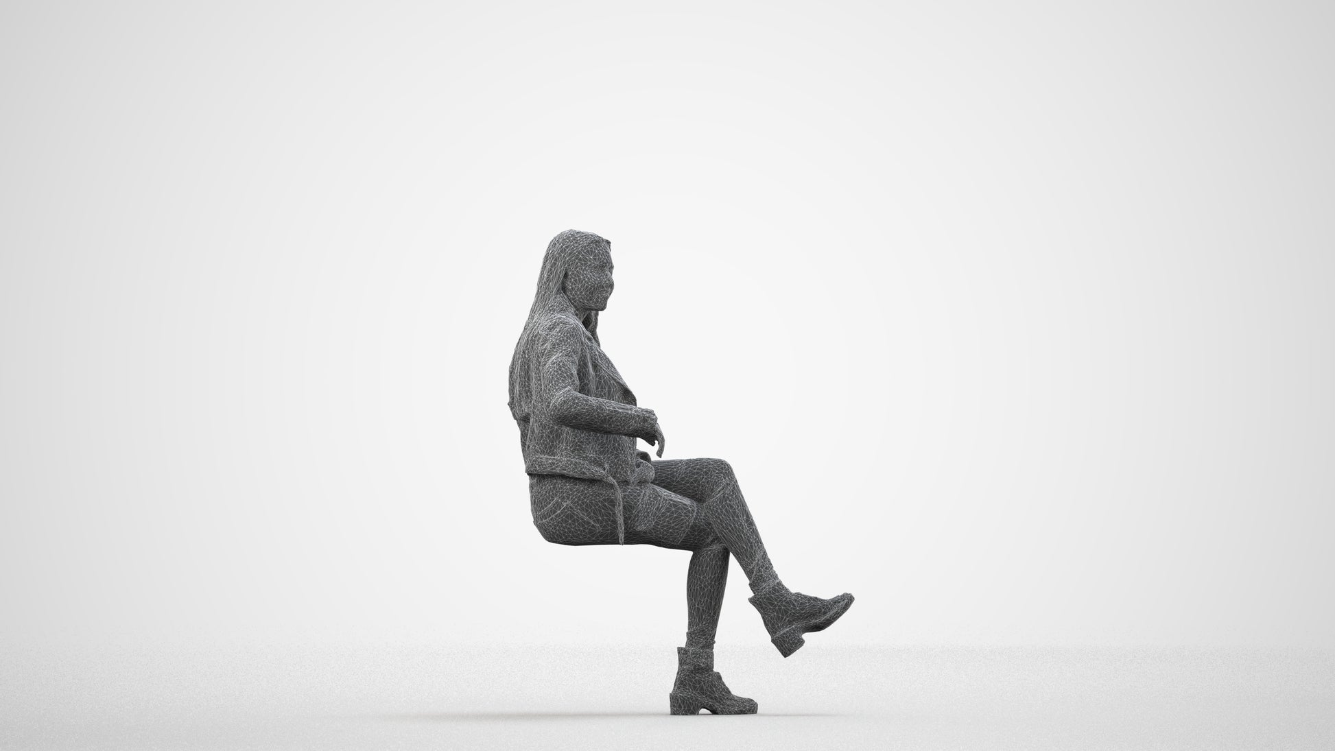 3D scanned woman sitting casual, photorealistic archviz people for Enscape and SketchUp, wireframe side view