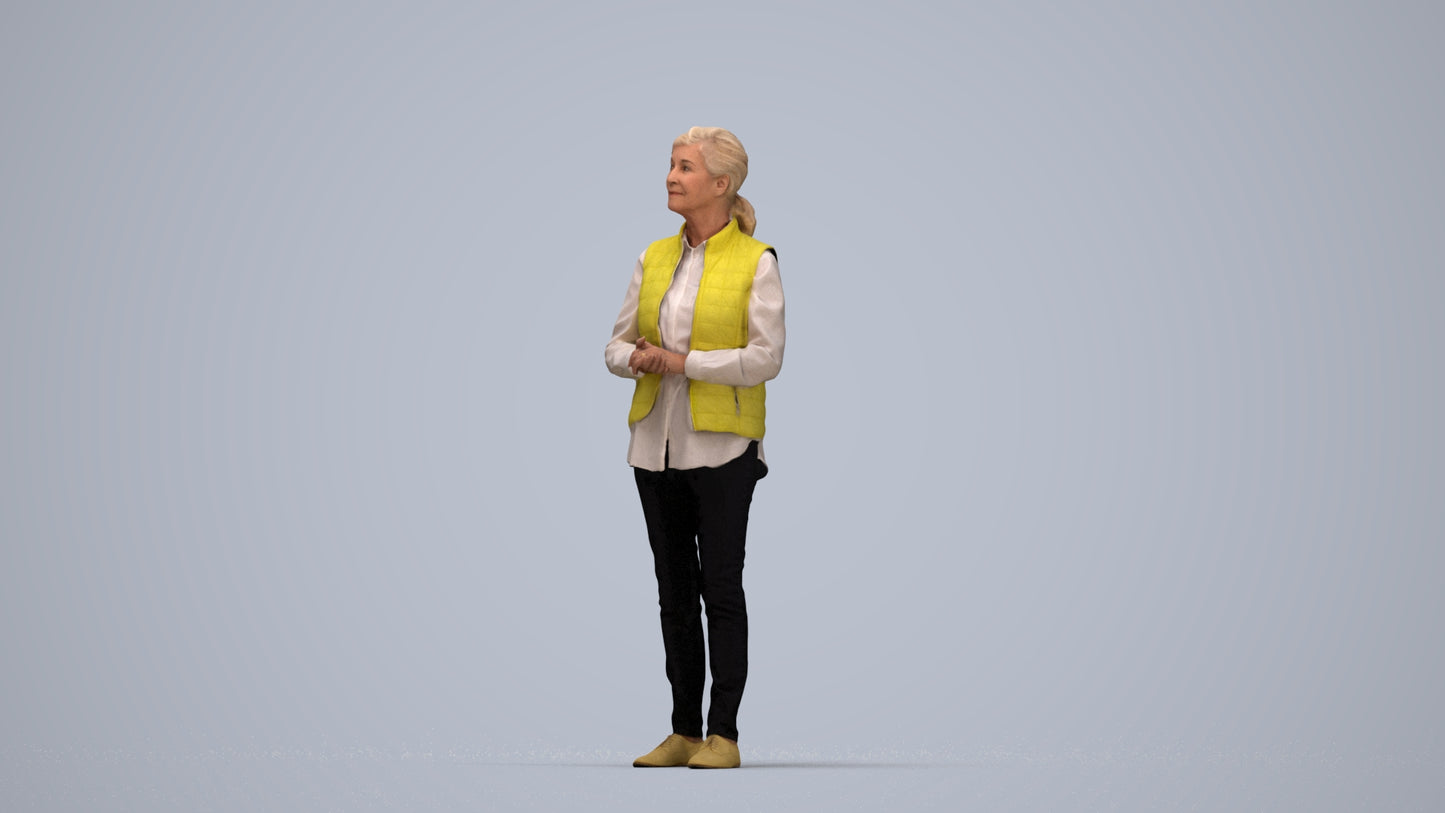 realistic 3D senior woman casual standing, scanned archviz people for Blender and 3ds Max, top-down view render