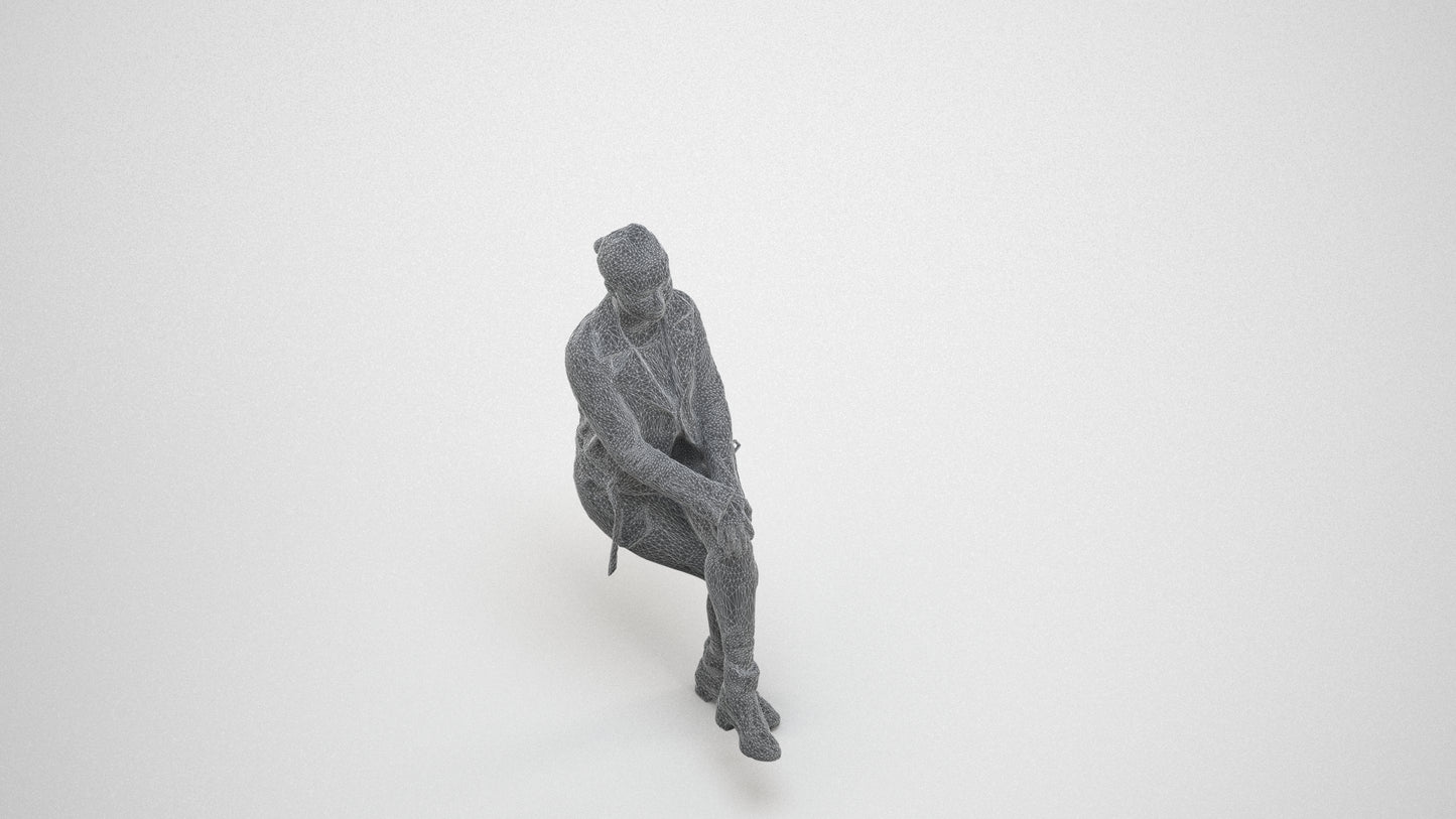 3D people model woman casual sitting, scanned human for 3ds Max rendering, wireframe three-quarter view