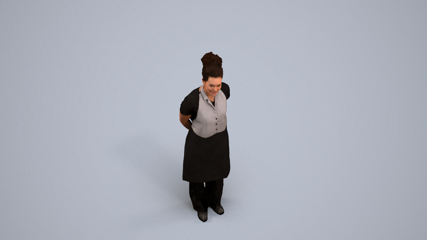 realistic 3D human woman hospitality, archviz people FBX OBJ for Blender, back view render