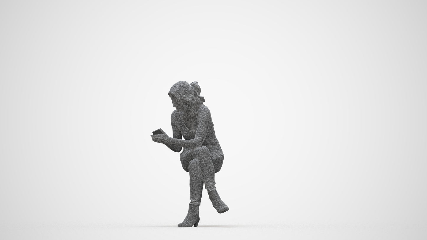 realistic 3D human senior woman casual sitting, archviz people FBX OBJ for Blender, wireframe back view