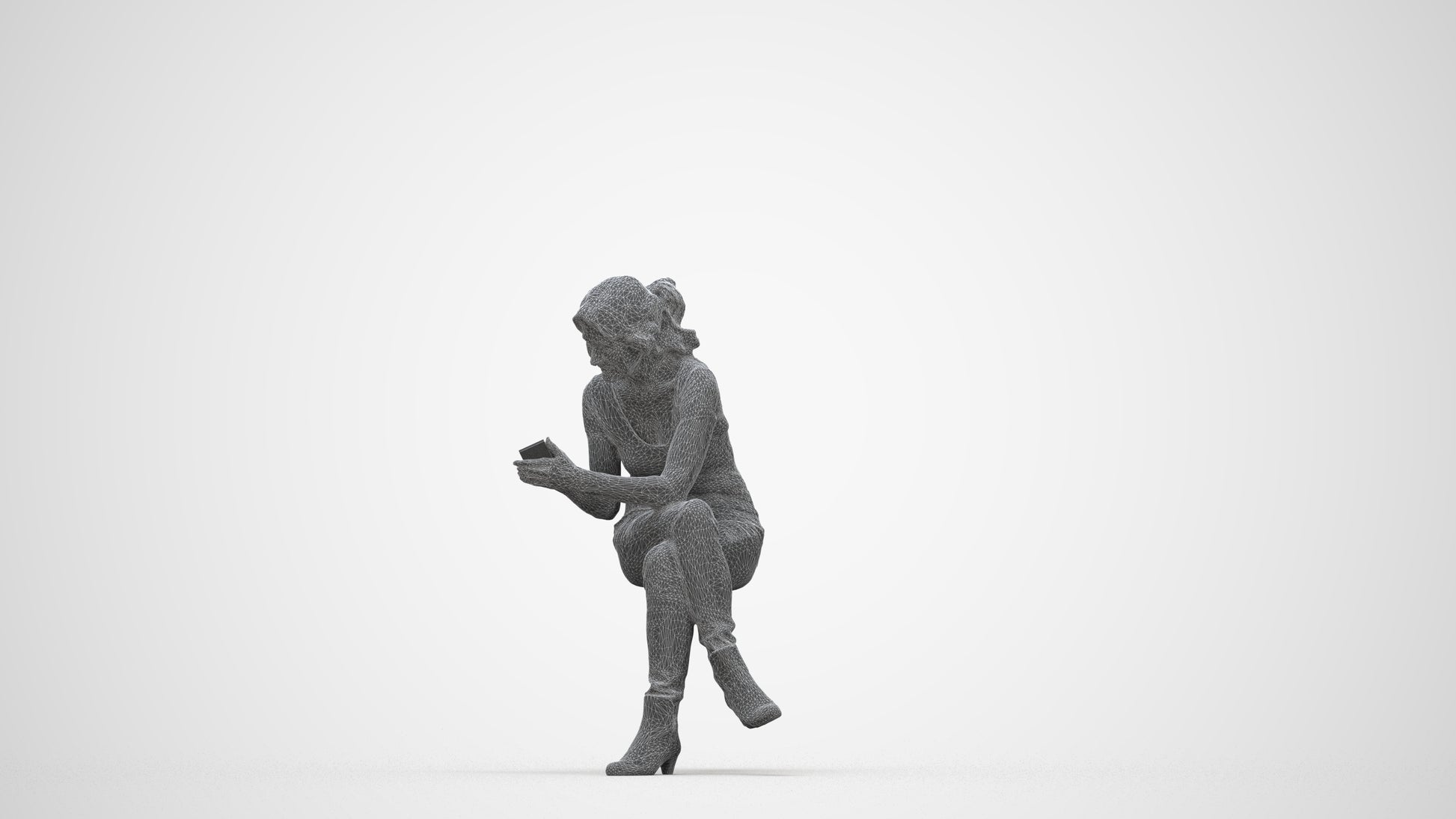 realistic 3D human senior woman casual sitting, archviz people FBX OBJ for Blender, wireframe back view