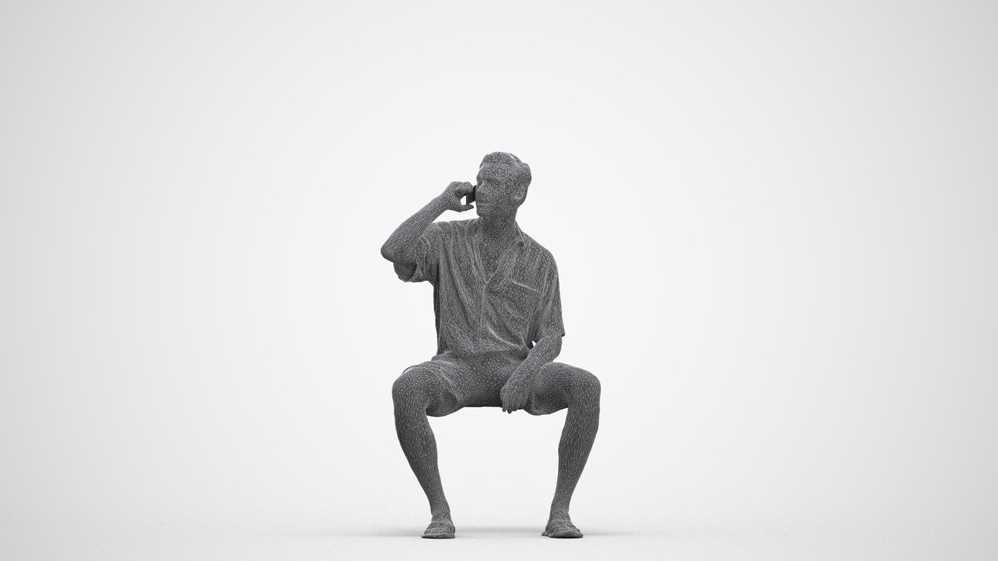 scanned 3D man casual sitting, photogrammetry people for Enscape and V-Ray, three-quarter front view render
