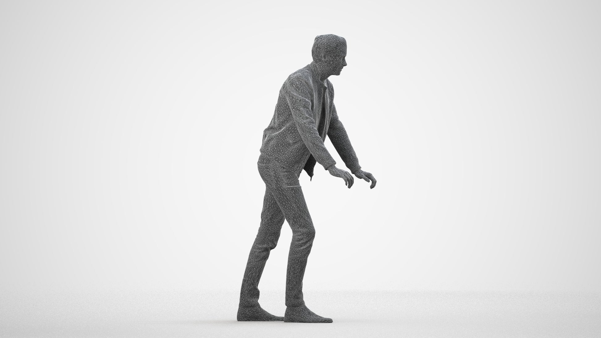 realistic 3D man casual walking, scanned archviz people for Blender and 3ds Max, wireframe side view