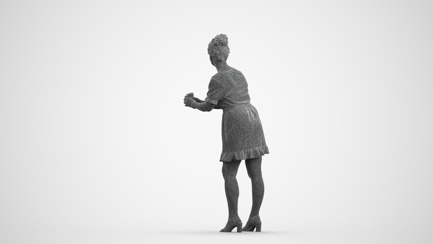 3D human model woman casual standing, photogrammetry scanned person for archviz, wireframe front view