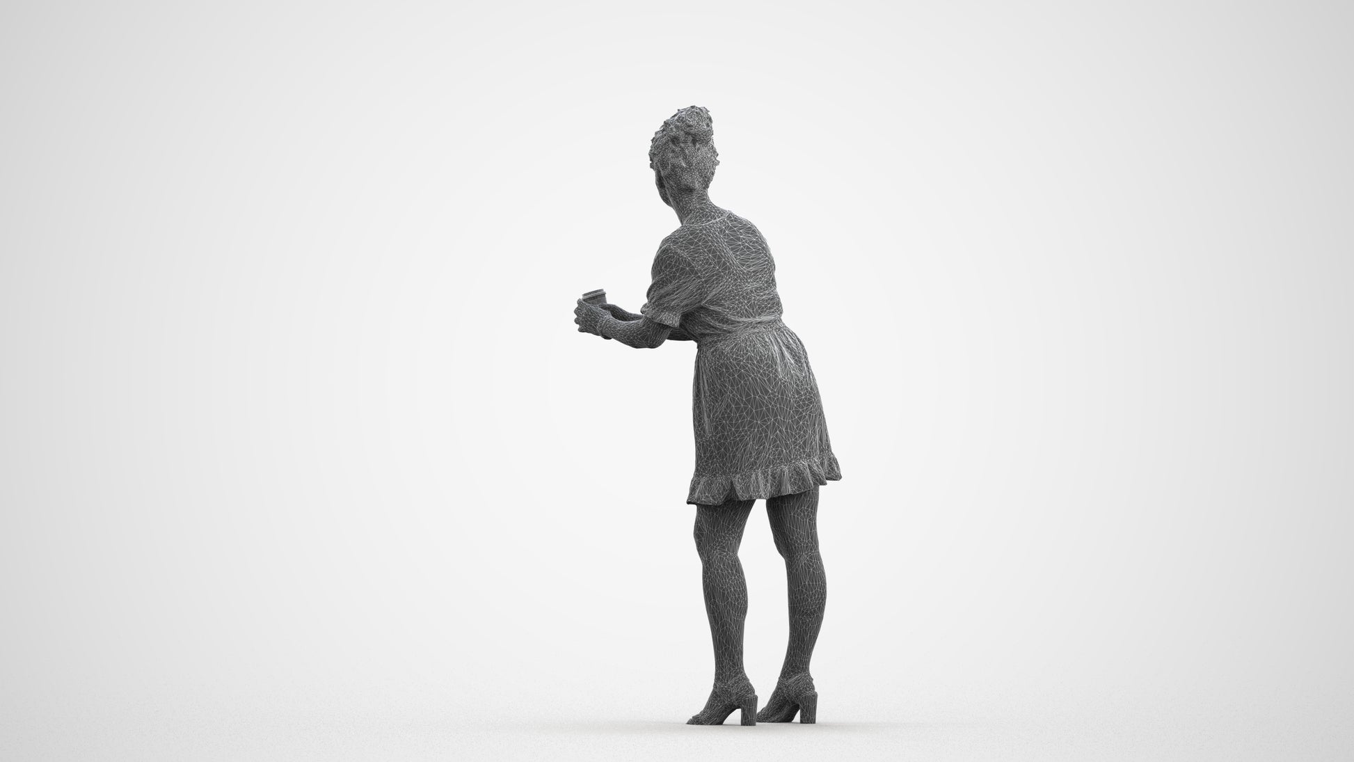 3D human model woman casual standing, photogrammetry scanned person for archviz, wireframe front view