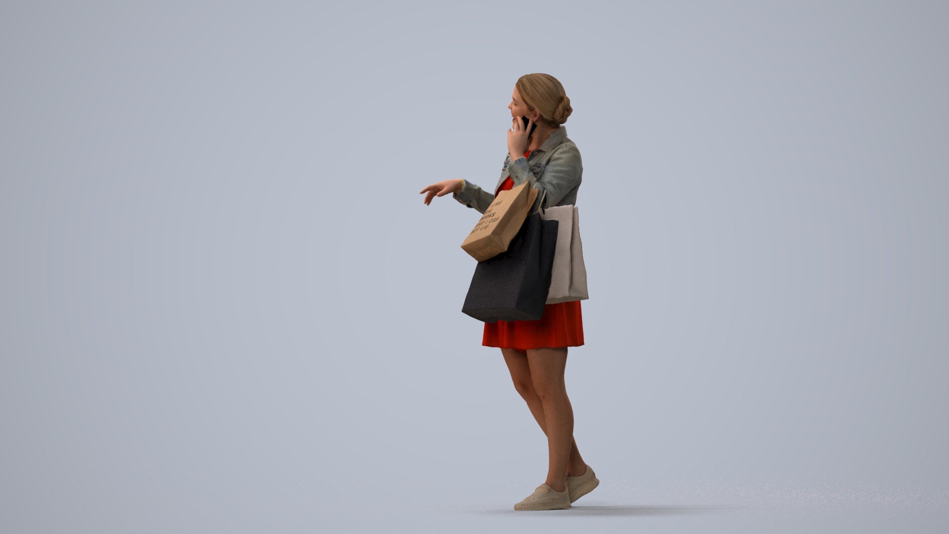 scanned 3D woman casual shopping, photogrammetry people for Enscape and V-Ray, three-quarter view render