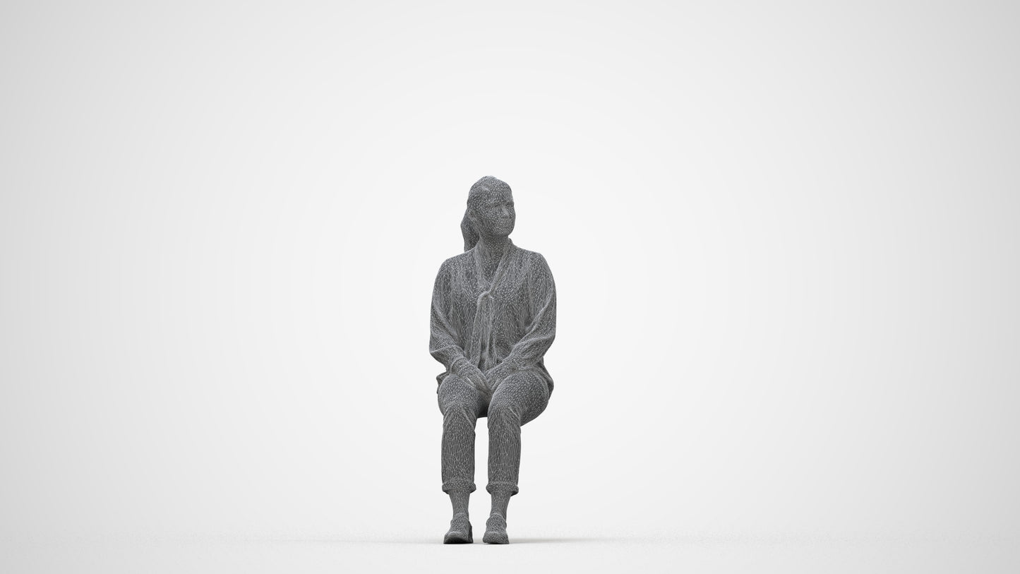 realistic 3D people woman casual sitting, render-ready for V-Ray and Corona, FBX OBJ, wireframe back view