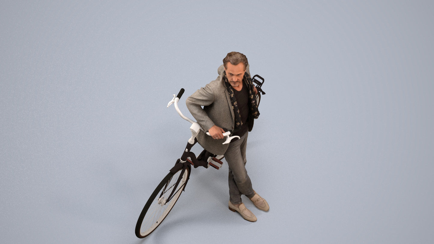 3D human model man business cycling, photogrammetry scanned person for archviz, back view render