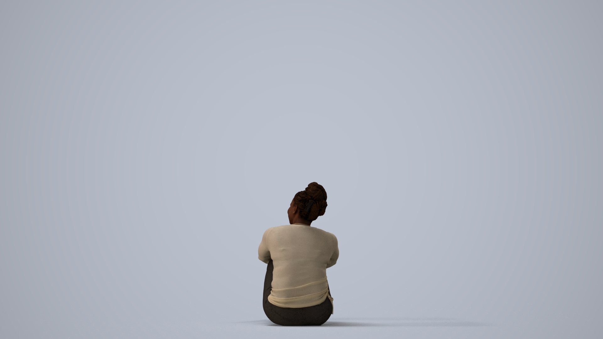 realistic 3D human woman casual sitting, archviz people FBX OBJ for Blender, three-quarter view render