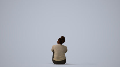 realistic 3D human woman casual sitting, archviz people FBX OBJ for Blender, three-quarter view render