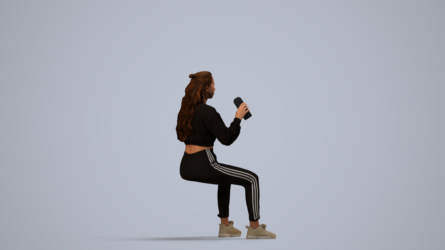 scanned 3D woman sport sitting, photogrammetry people for Enscape and V-Ray, side view render