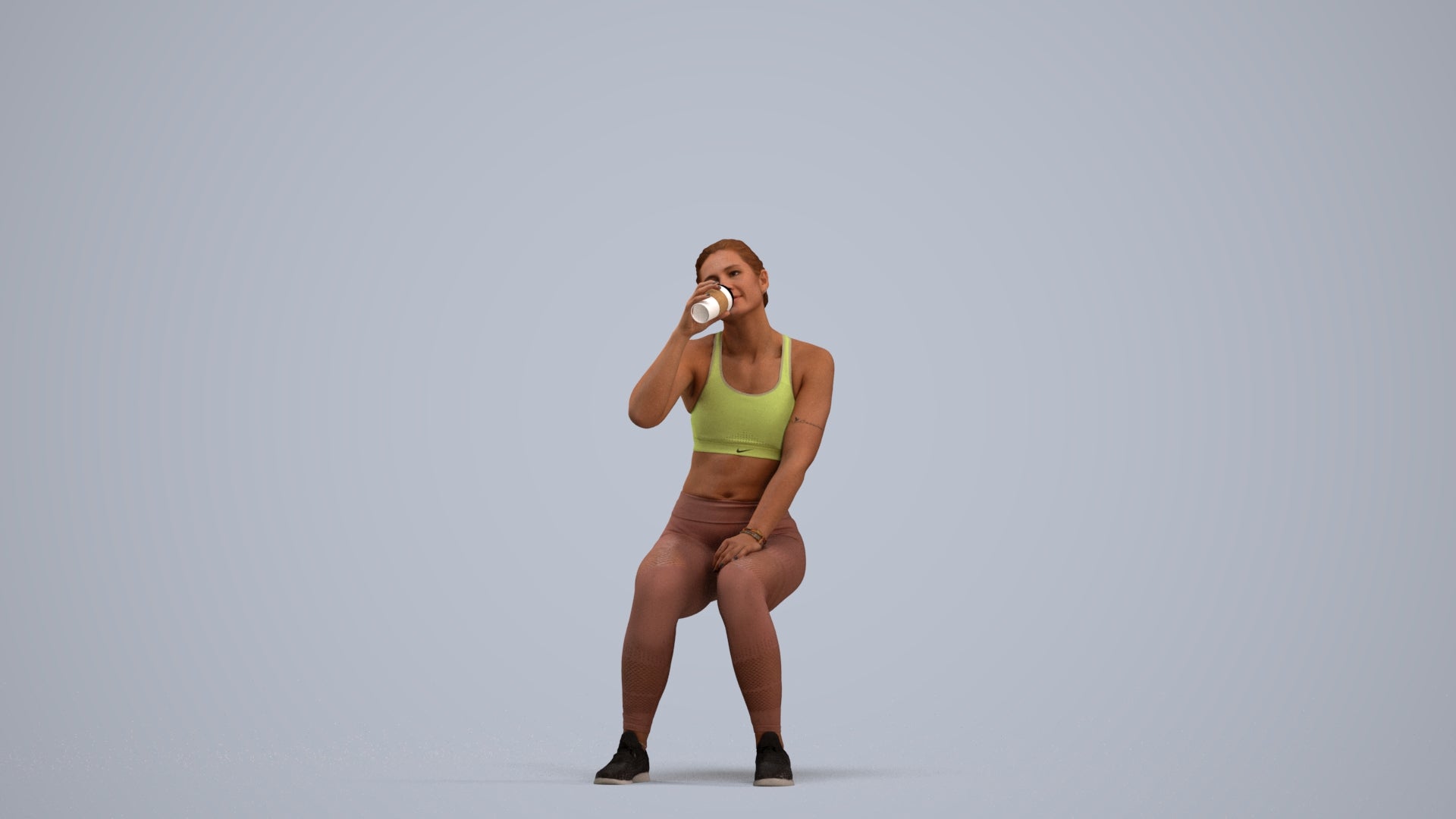 3D human model woman sport, photogrammetry scanned person for archviz, standing pose render