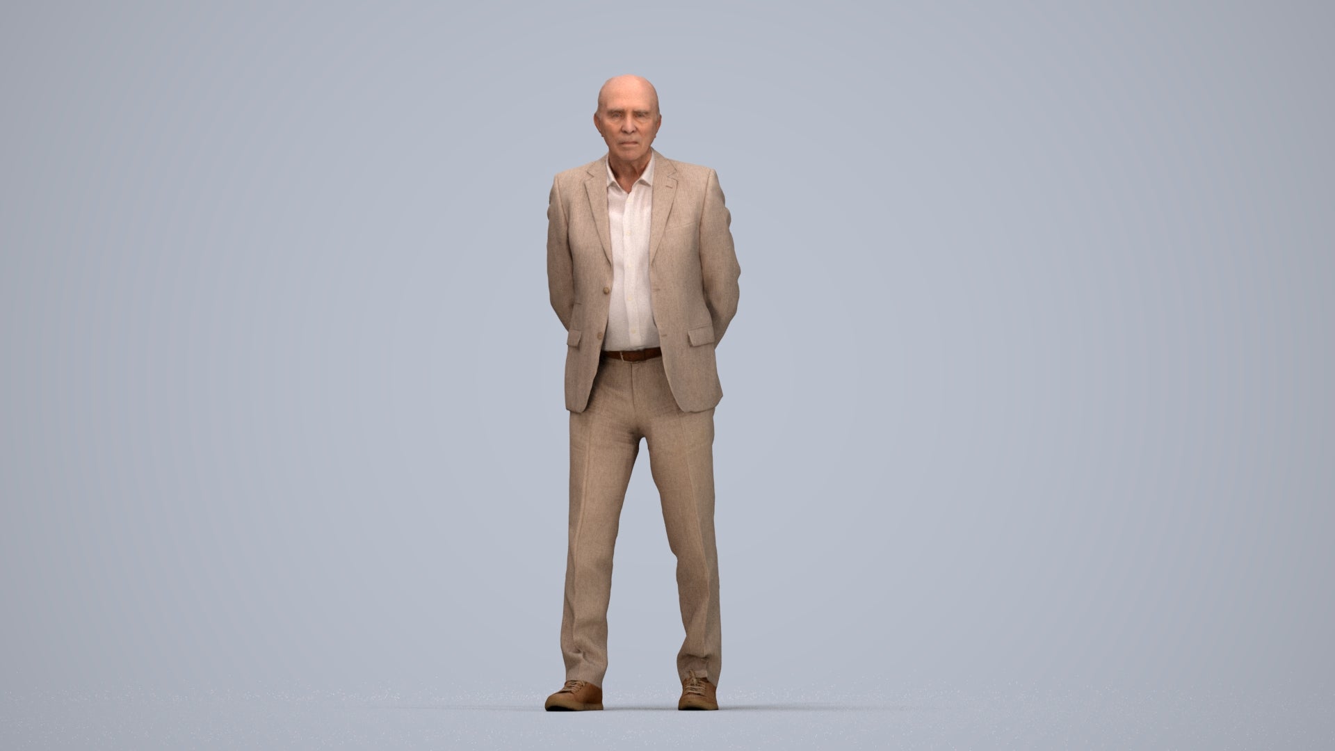 realistic 3D senior man business standing, scanned archviz people for Blender and 3ds Max, top-down view render