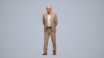realistic 3D senior man business standing, scanned archviz people for Blender and 3ds Max, top-down view render