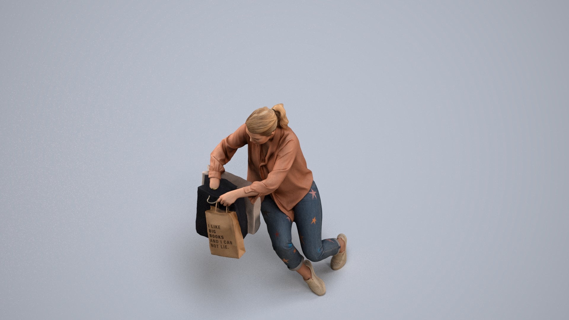 3D human model woman casual shopping, photogrammetry scanned person for archviz, back view render