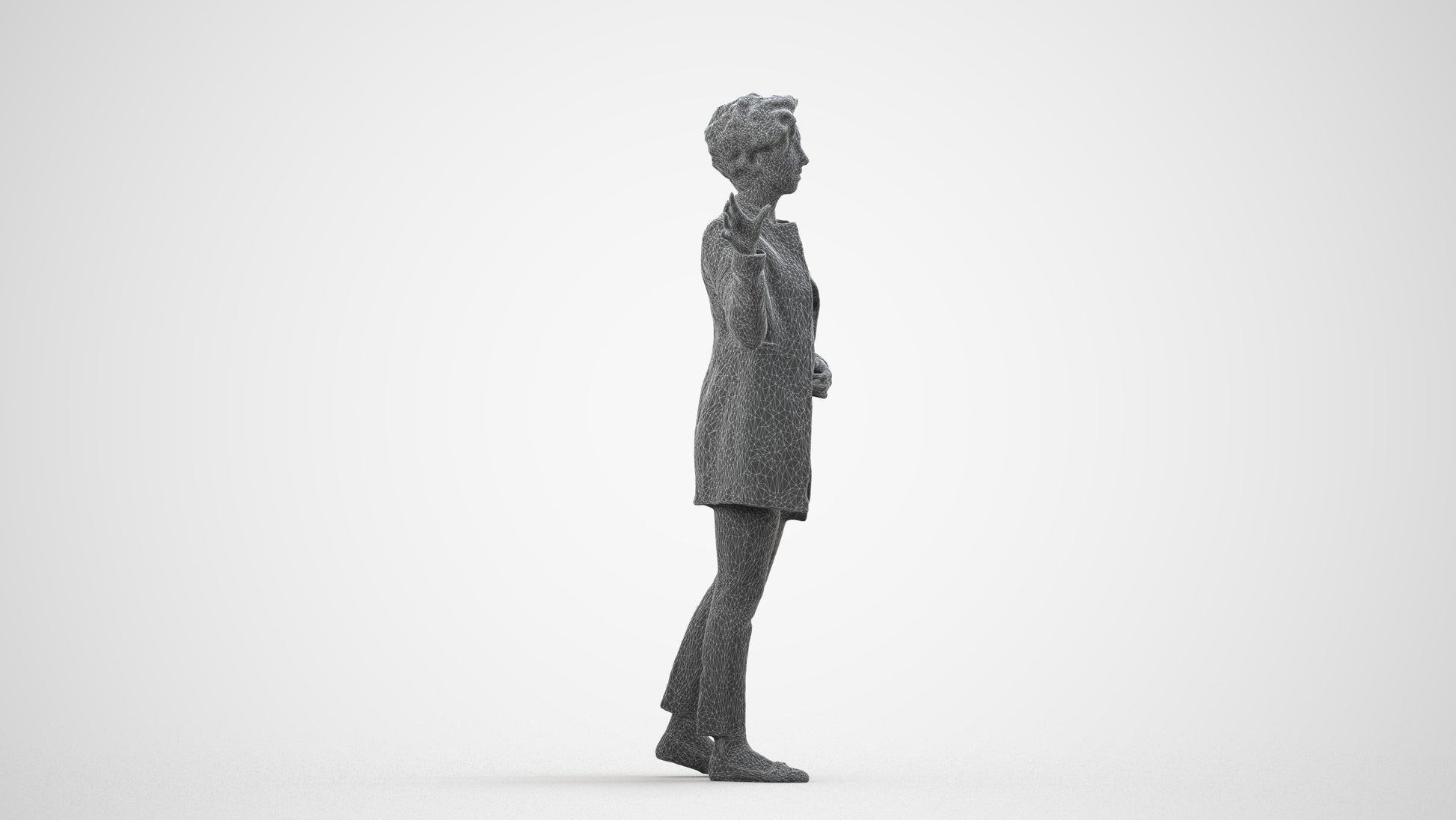 3D human model woman business, photogrammetry scanned person for archviz, wireframe side view