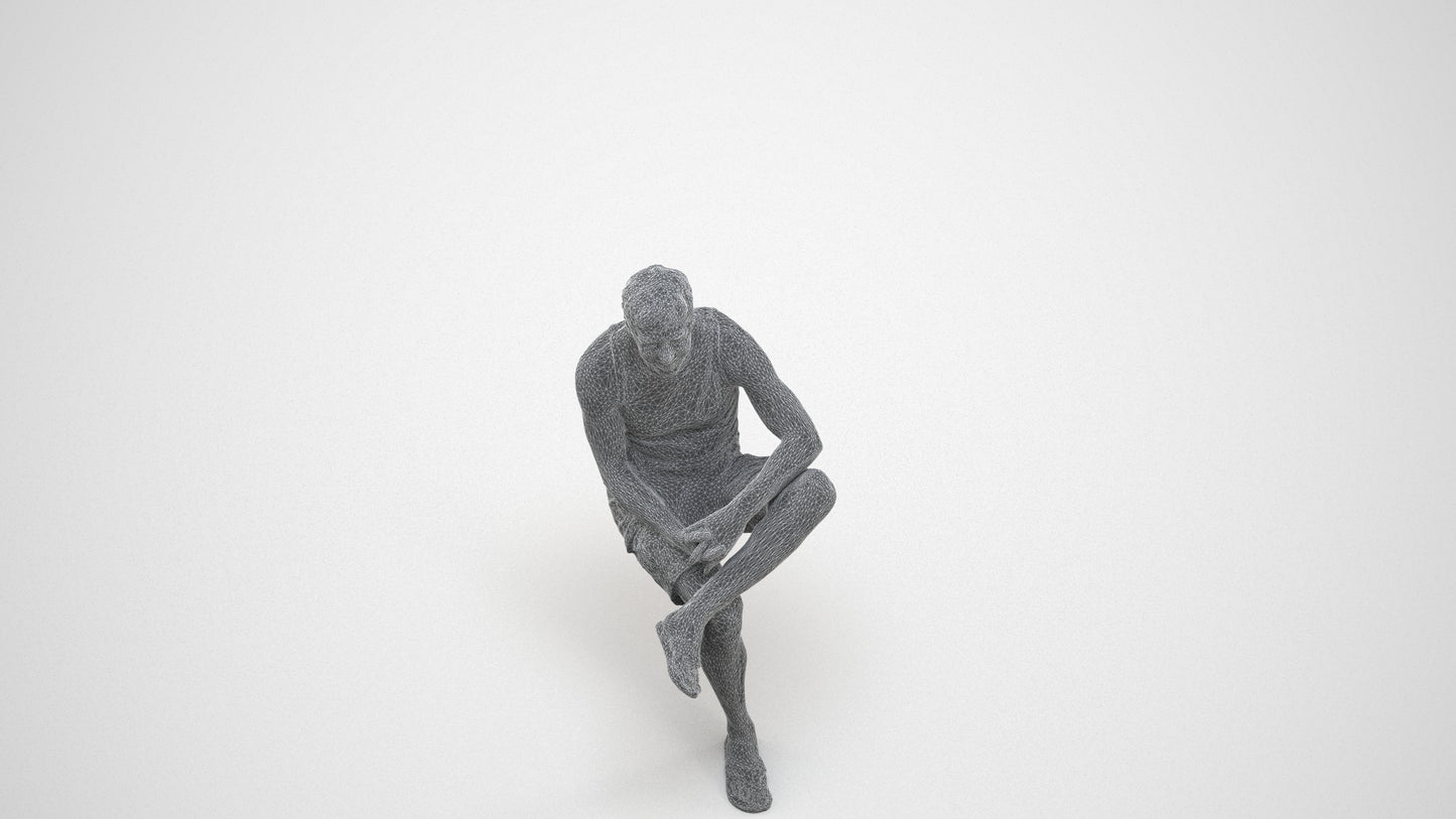 3D people model man casual sitting, scanned human for 3ds Max rendering, wireframe three-quarter view
