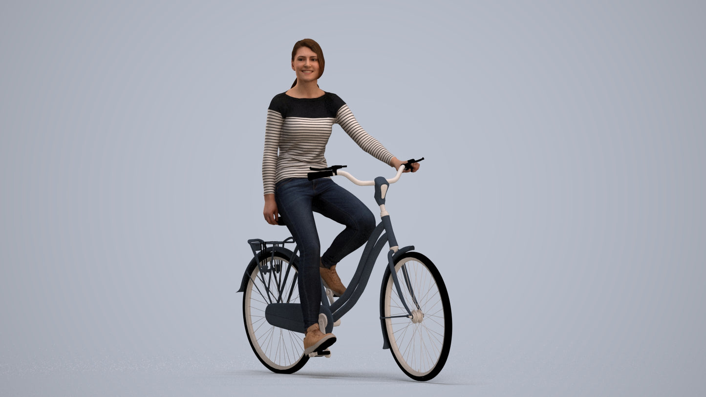 realistic 3D human woman casual cycling, archviz people FBX OBJ for Blender, standing pose render