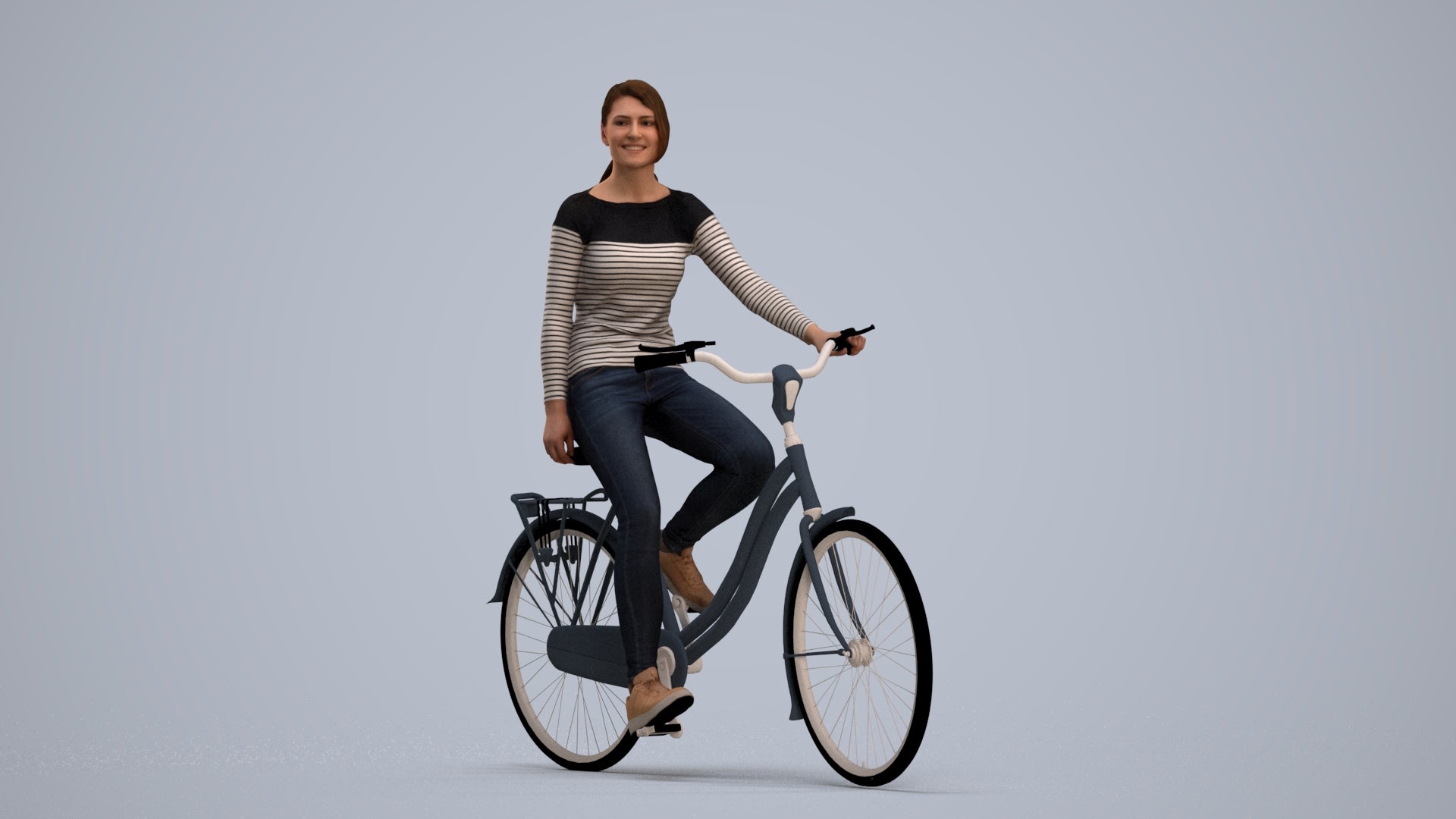 realistic 3D human woman casual cycling, archviz people FBX OBJ for Blender, standing pose render