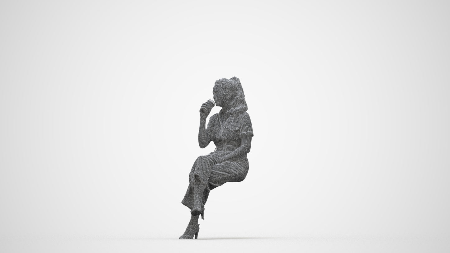 3D scanned woman sitting formal, photorealistic archviz people for Enscape and SketchUp, wireframe back view