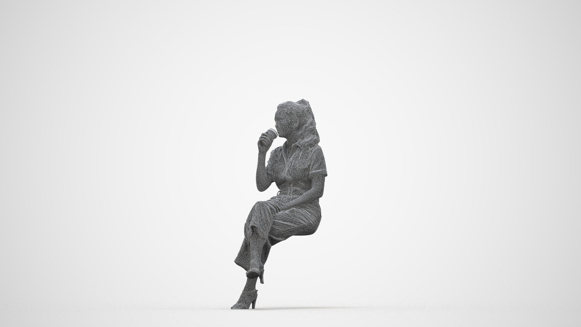 3D scanned woman sitting formal, photorealistic archviz people for Enscape and SketchUp, wireframe back view