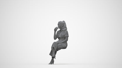 3D scanned woman sitting formal, photorealistic archviz people for Enscape and SketchUp, wireframe back view