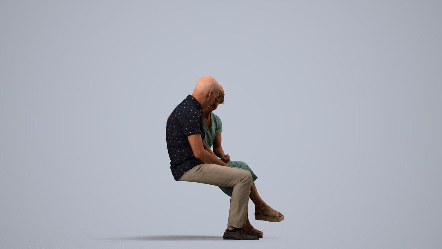 realistic 3D senior woman casual couple, scanned archviz people for Blender and 3ds Max, side view render