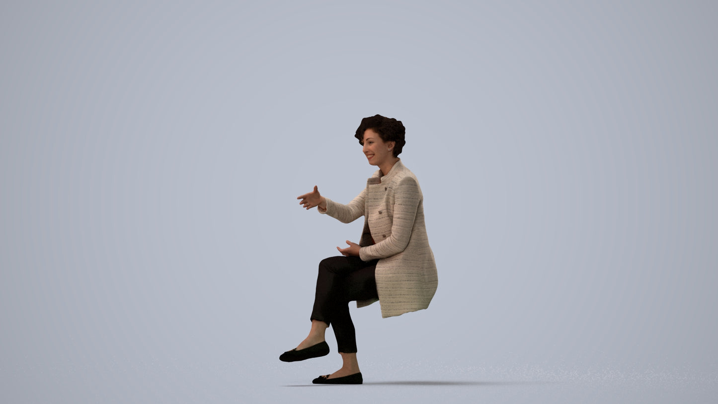 photogrammetry 3D woman business sitting, realistic human model archviz FBX, three-quarter view render