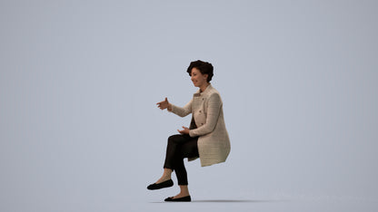 photogrammetry 3D woman business sitting, realistic human model archviz FBX, three-quarter view render