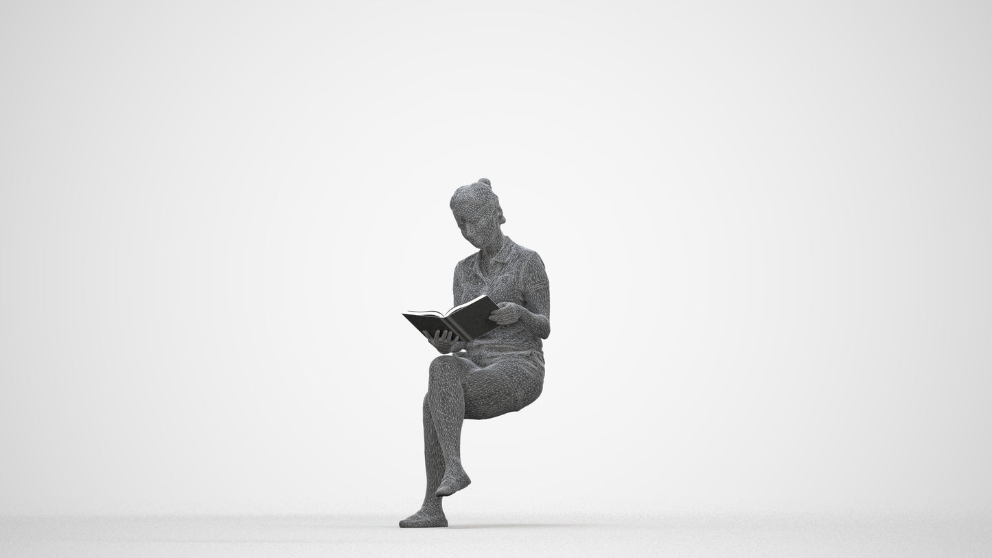 3D people model woman casual sitting, scanned human for 3ds Max rendering, wireframe back view