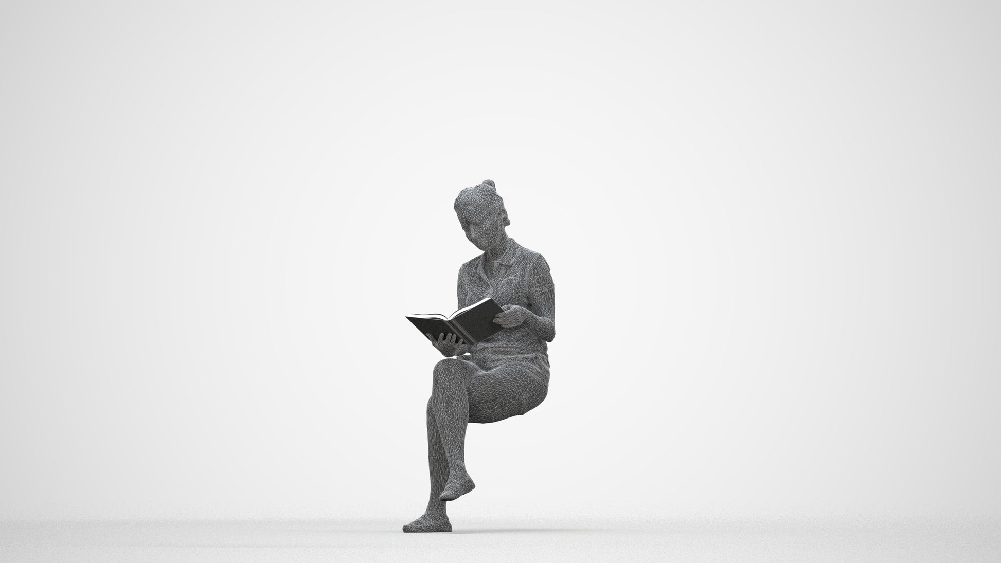 3D people model woman casual sitting, scanned human for 3ds Max rendering, wireframe back view