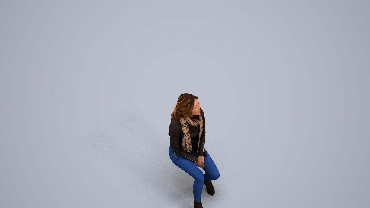 3D human model woman casual sitting, photogrammetry scanned person for archviz, back view render